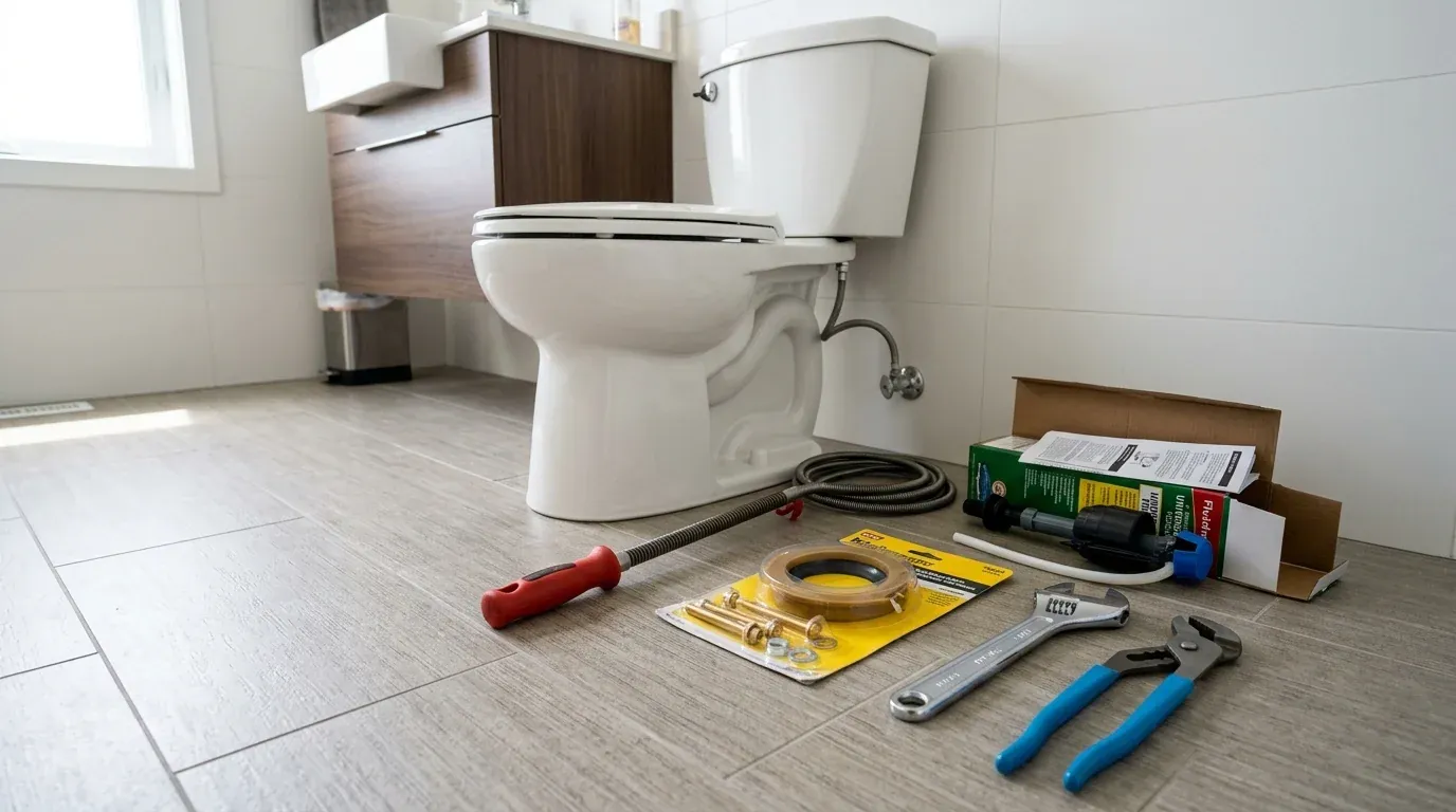 Professional toilet repair equipment: closet auger, replacement wax ring, fill valve, and diagnostic plumbing tools